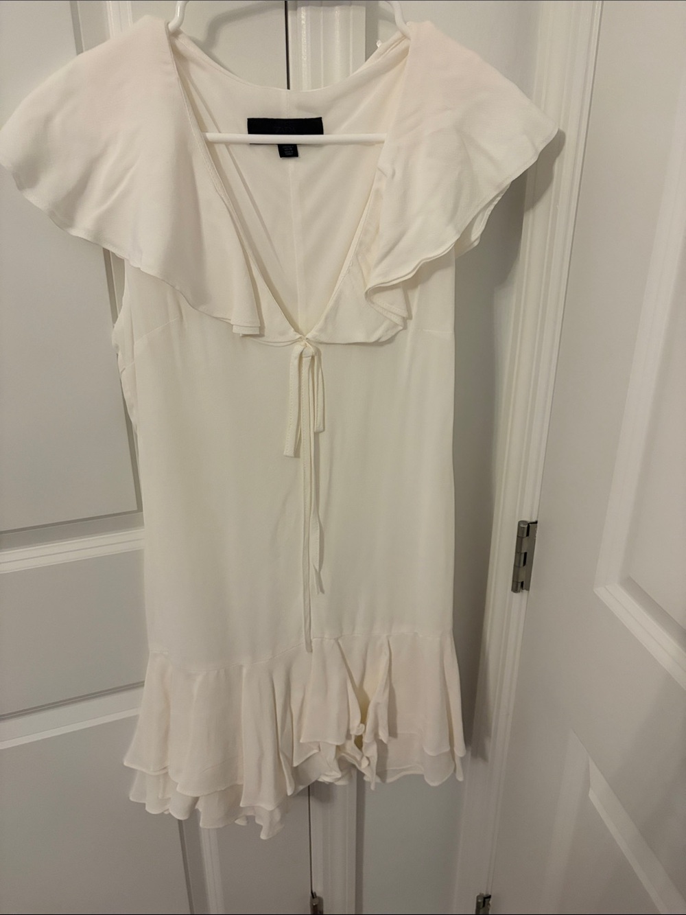 Zara Cream Ruffle V-Neck Mini Dress with Tie